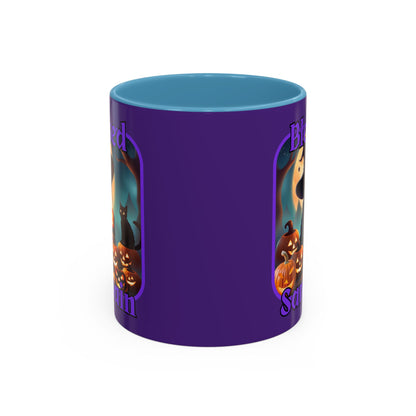 Blessed Samhain Cute Witch Purple font Purple Accent Mug by CreepyCrafts.boo