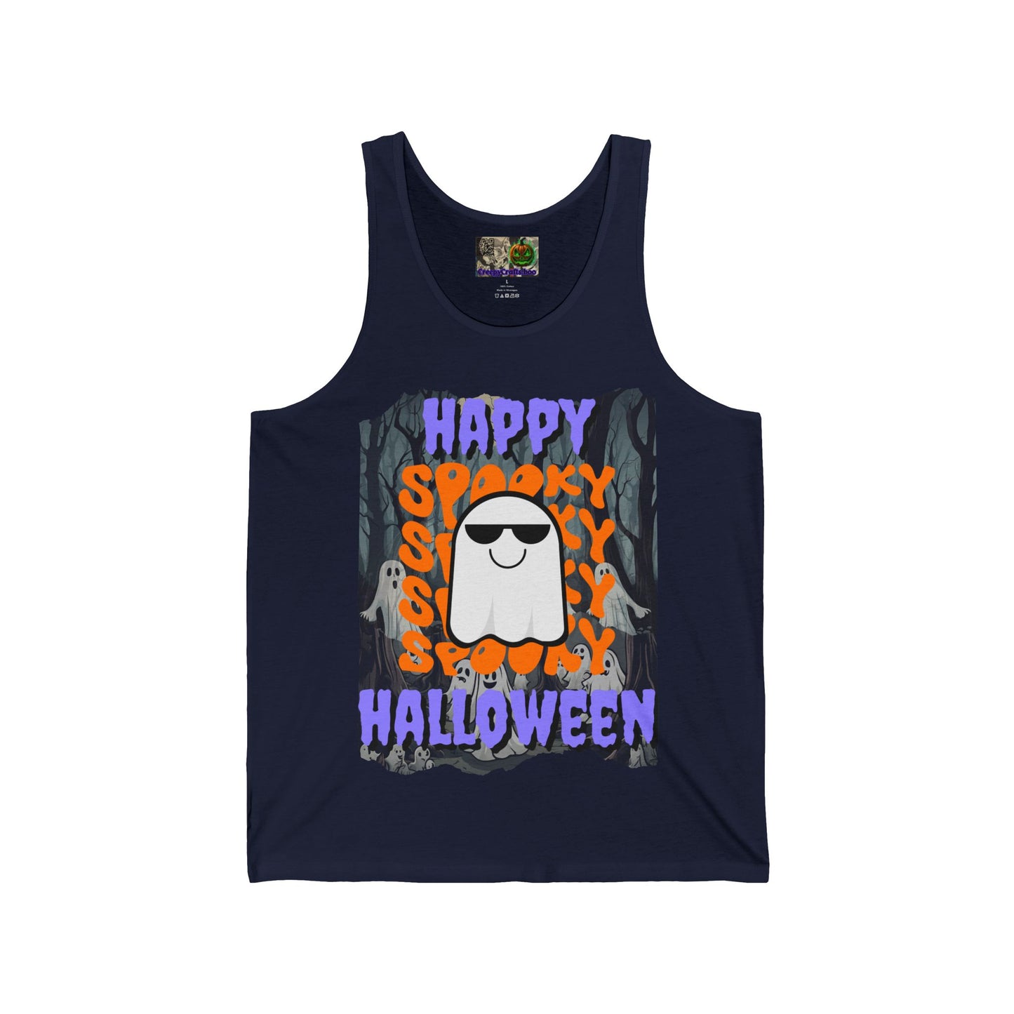 Spooky Happy Halloween Ghost Purple font Unisex Jersey Tank Top by CreepyCrafts.boo