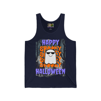 Spooky Happy Halloween Ghost Purple font Unisex Jersey Tank Top by CreepyCrafts.boo