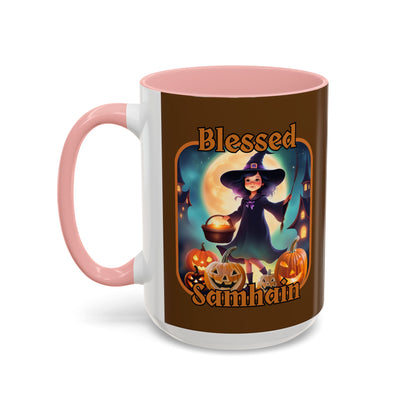Blessed Samhain Little Witch Orange font Brown Accent Mug by CreepyCrafts.boo