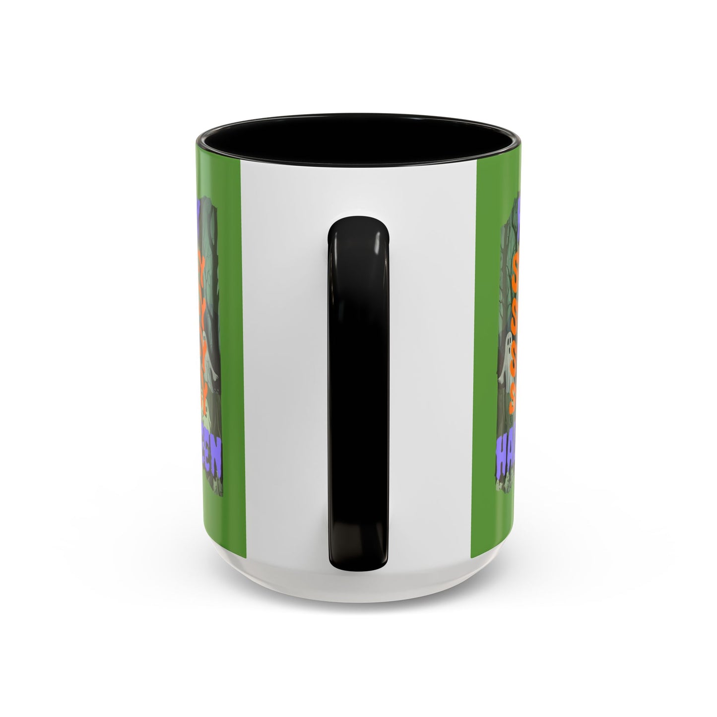 Spooky Happy Halloween Ghost Purple font Green Accent Mug by CreepyCrafts.boo