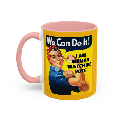 I Am Woman Watch Me Vote Rosie Yellow Accent Mug by cypherpunkgear.com