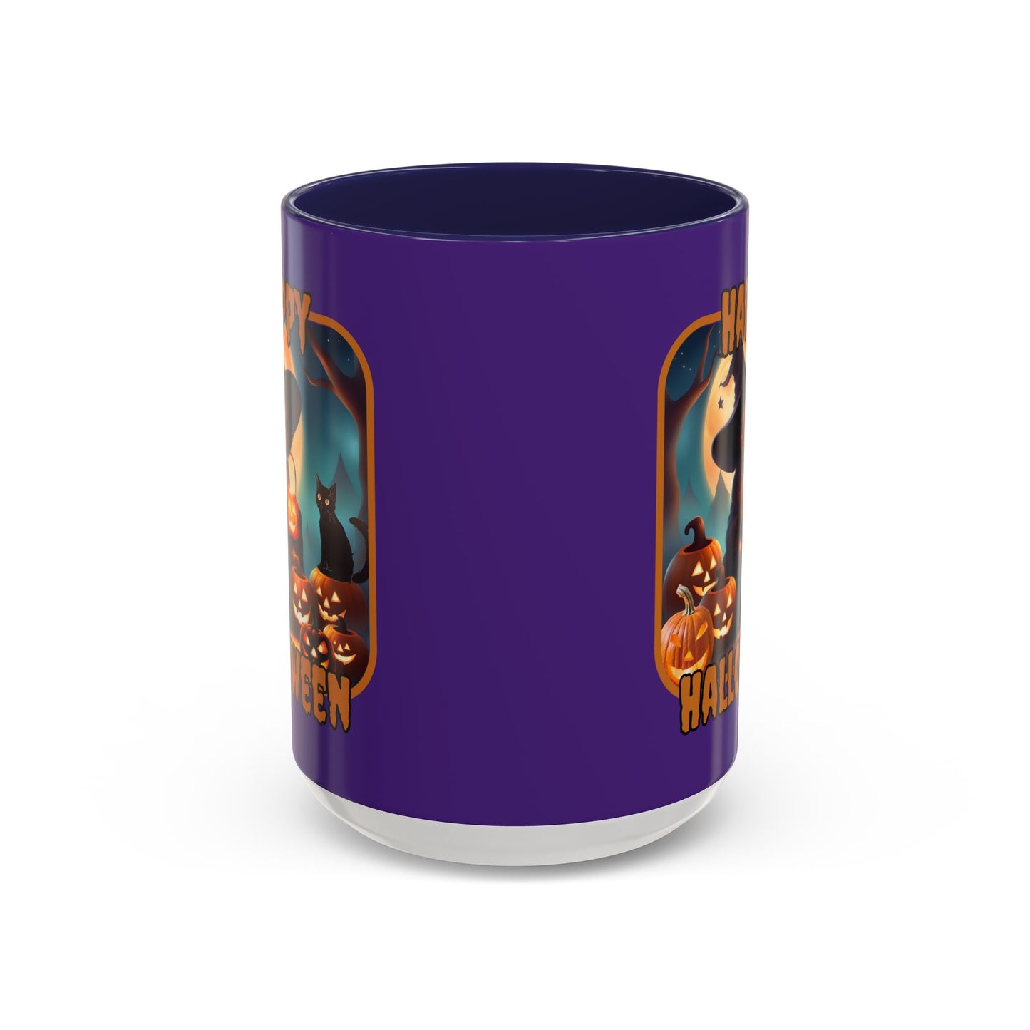 Happy Halloween Cute Witch Orange font Purple Accent Mug by CreepyCrafts.boo