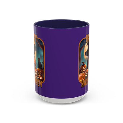 Happy Halloween Cute Witch Orange font Purple Accent Mug by CreepyCrafts.boo