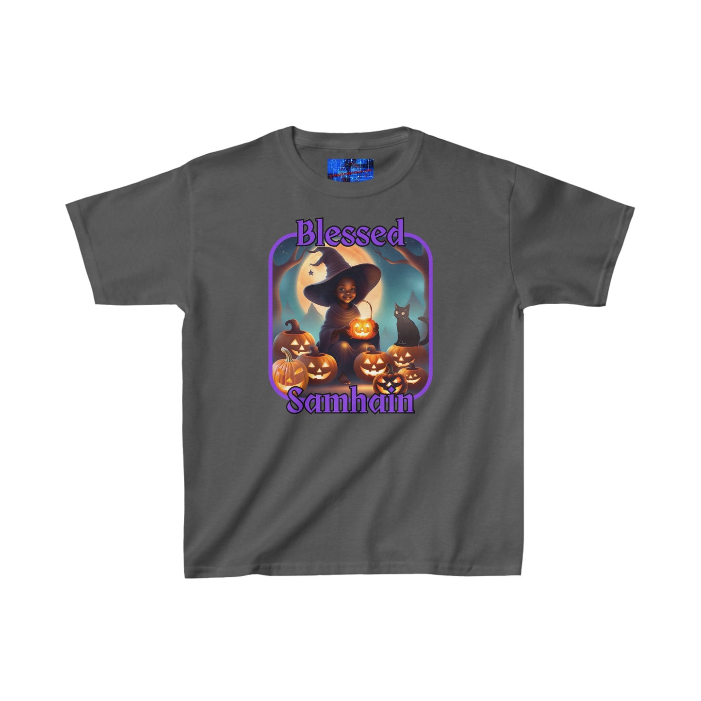 Blessed Samhain Cute Witch PRfont Kids Heavy Cotton™ Tee by cypherpunkgear