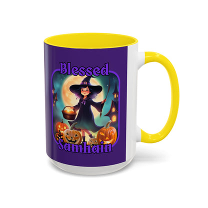 Blessed Samhain Little Witch Purple font Purple Accent Mug by CreepyCrafts.boo
