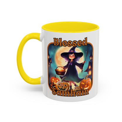 Blessed Samhain Little Witch Orange font White Accent Mug by CreepyCrafts.boo