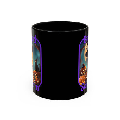Blessed Samhain Cute Witch Purple font Black Accent Mug by CreepyCrafts.boo