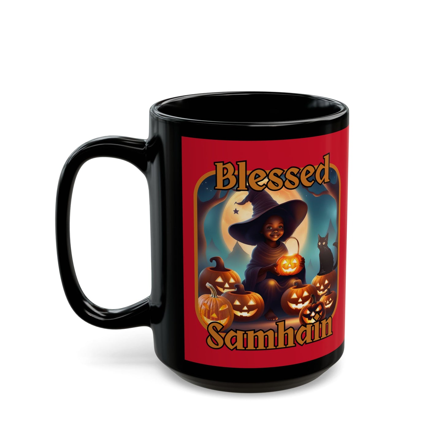 Blessed Samhain Cute Witch Orange font Red Mug by CreepyCrafts.boo