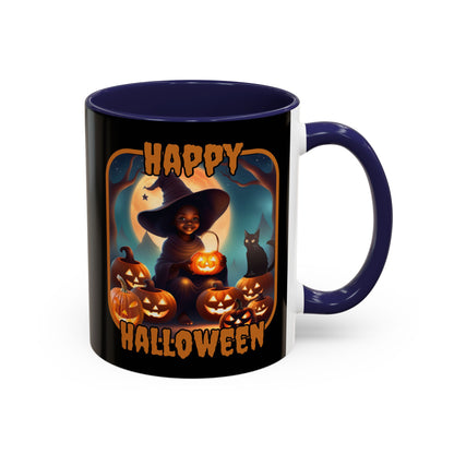 Happy Halloween Cute Witch Orange font Black Accent Mug by CreepyCrafts.boo
