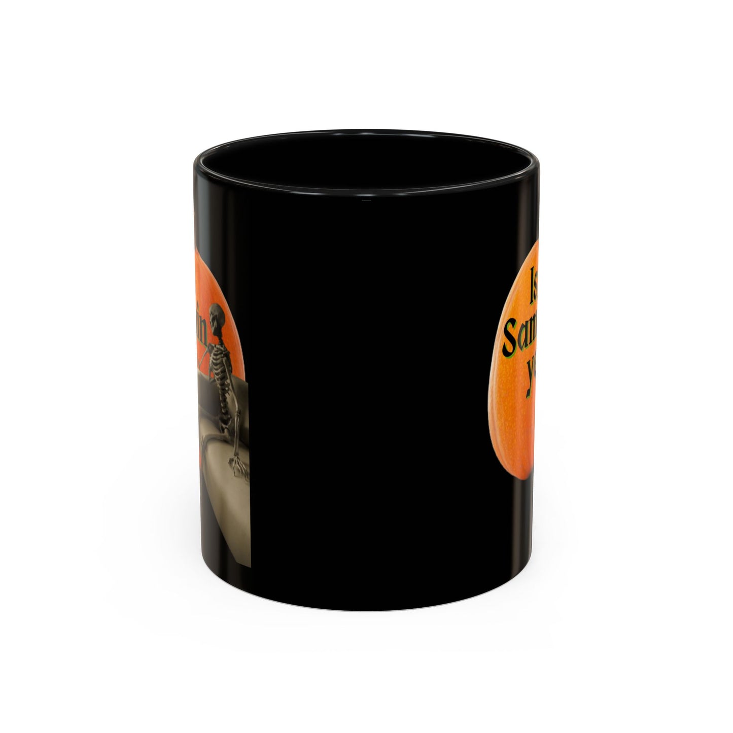 Is It Samhain Yet? Skeleton's Giant Pumpkin Black Accent Mug by CreepyCrafts.boo
