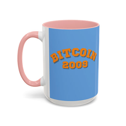 Bitcoin 2009 Light Blue Accent Mug by cypherpunkgear.com