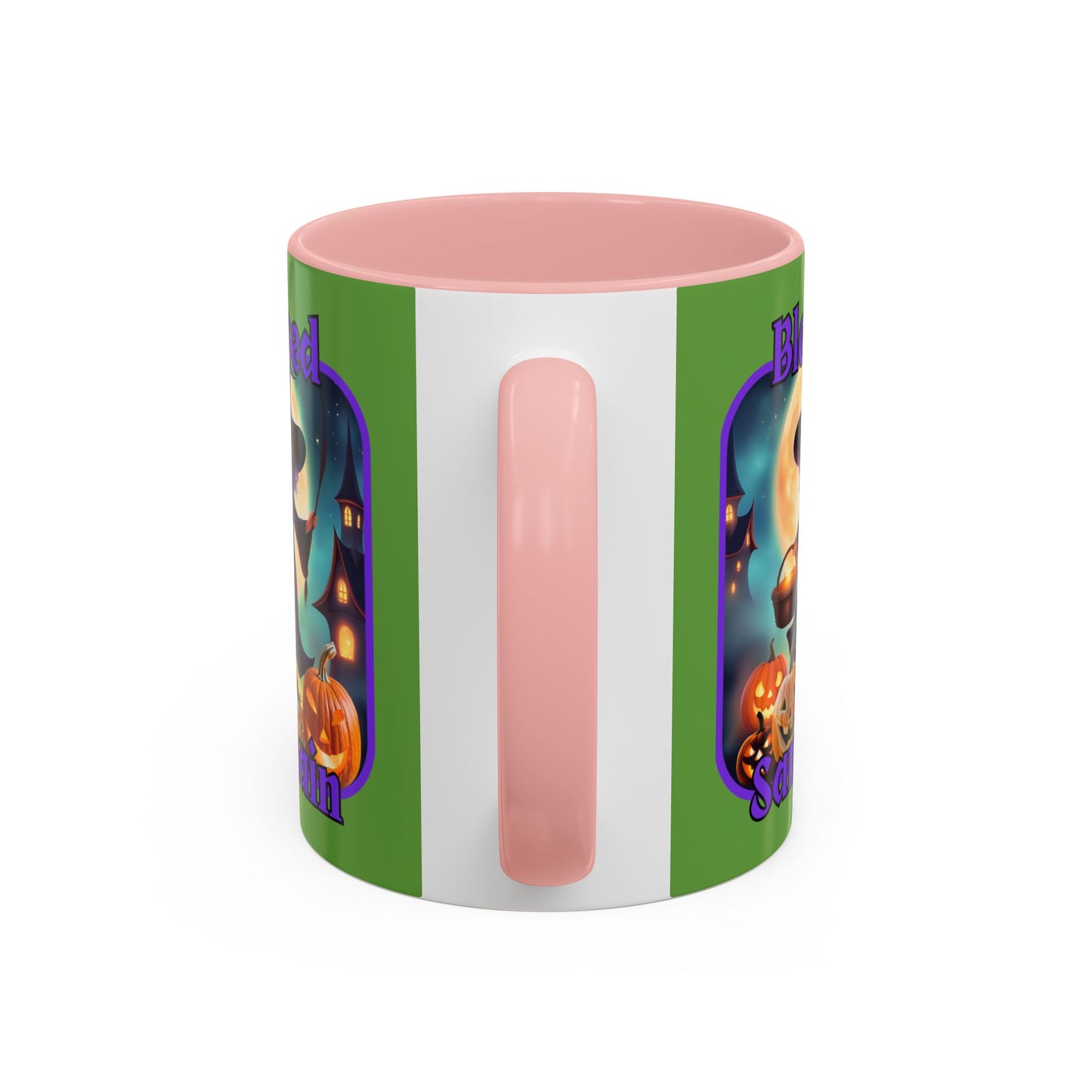 Blessed Samhain Little Witch Purple font Green Accent Mug by CreepyCrafts.boo