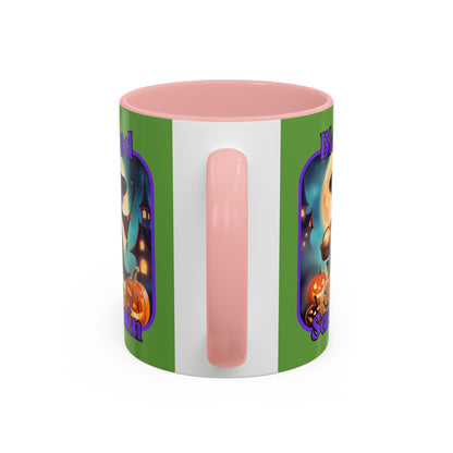 Blessed Samhain Little Witch Purple font Green Accent Mug by CreepyCrafts.boo