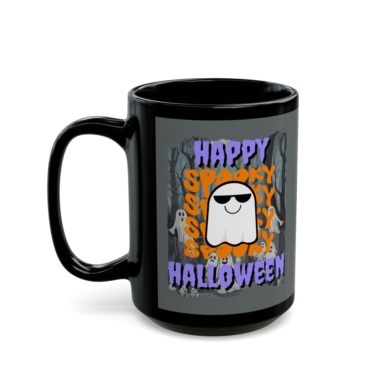 Spooky Happy Halloween Ghost Purple font Grey Mug by CreepyCrafts.boo
