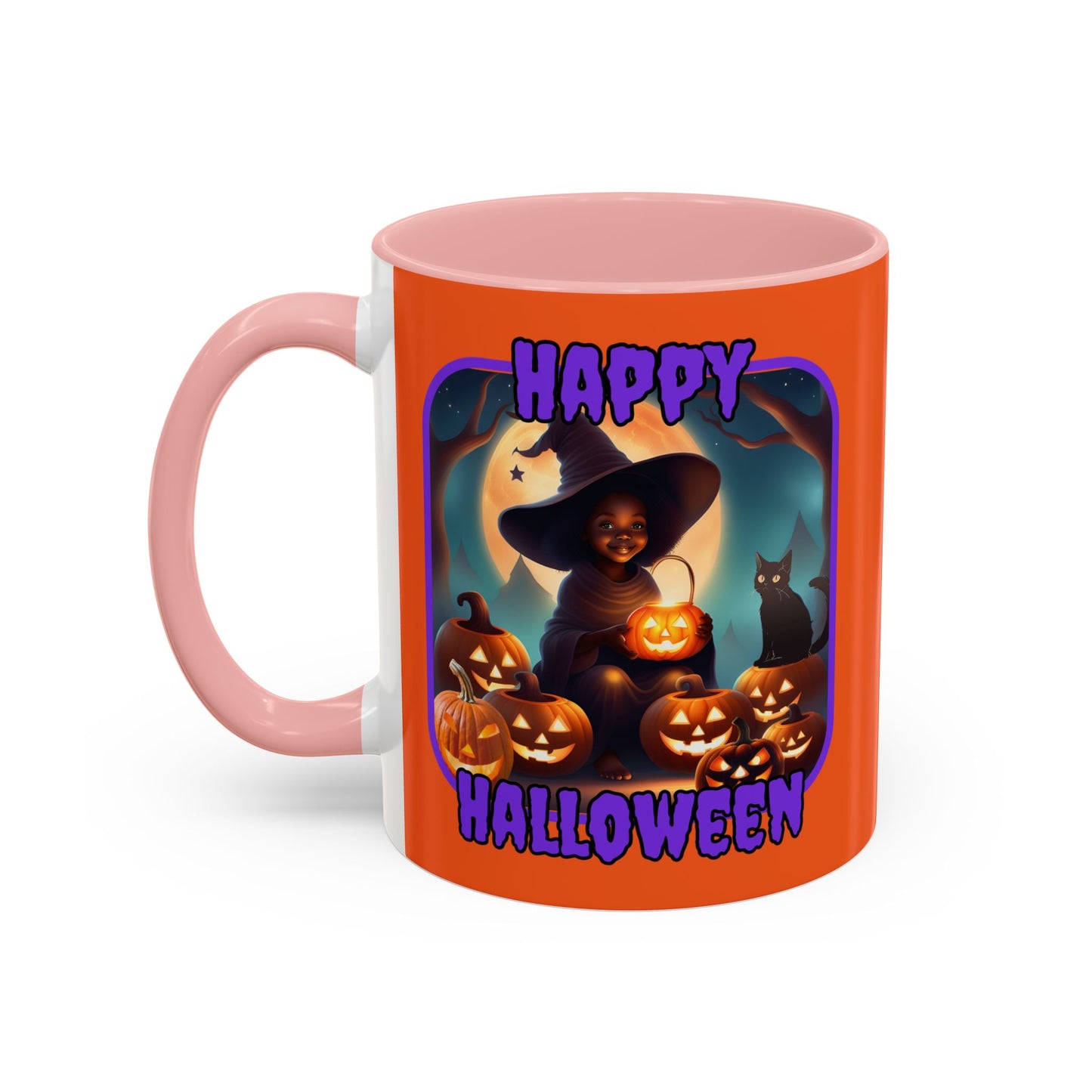 Happy Halloween Cute Witch Purple font Orange Accent Mug by CreepyCrafts.boo