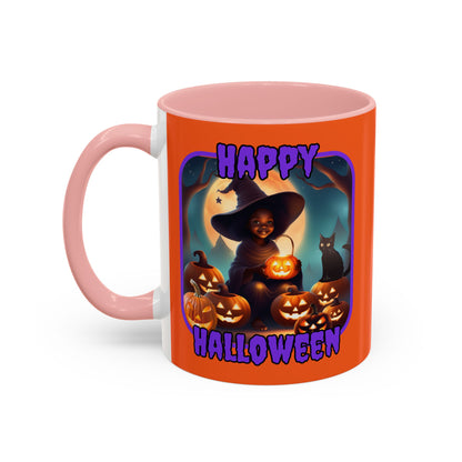 Happy Halloween Cute Witch Purple font Orange Accent Mug by CreepyCrafts.boo