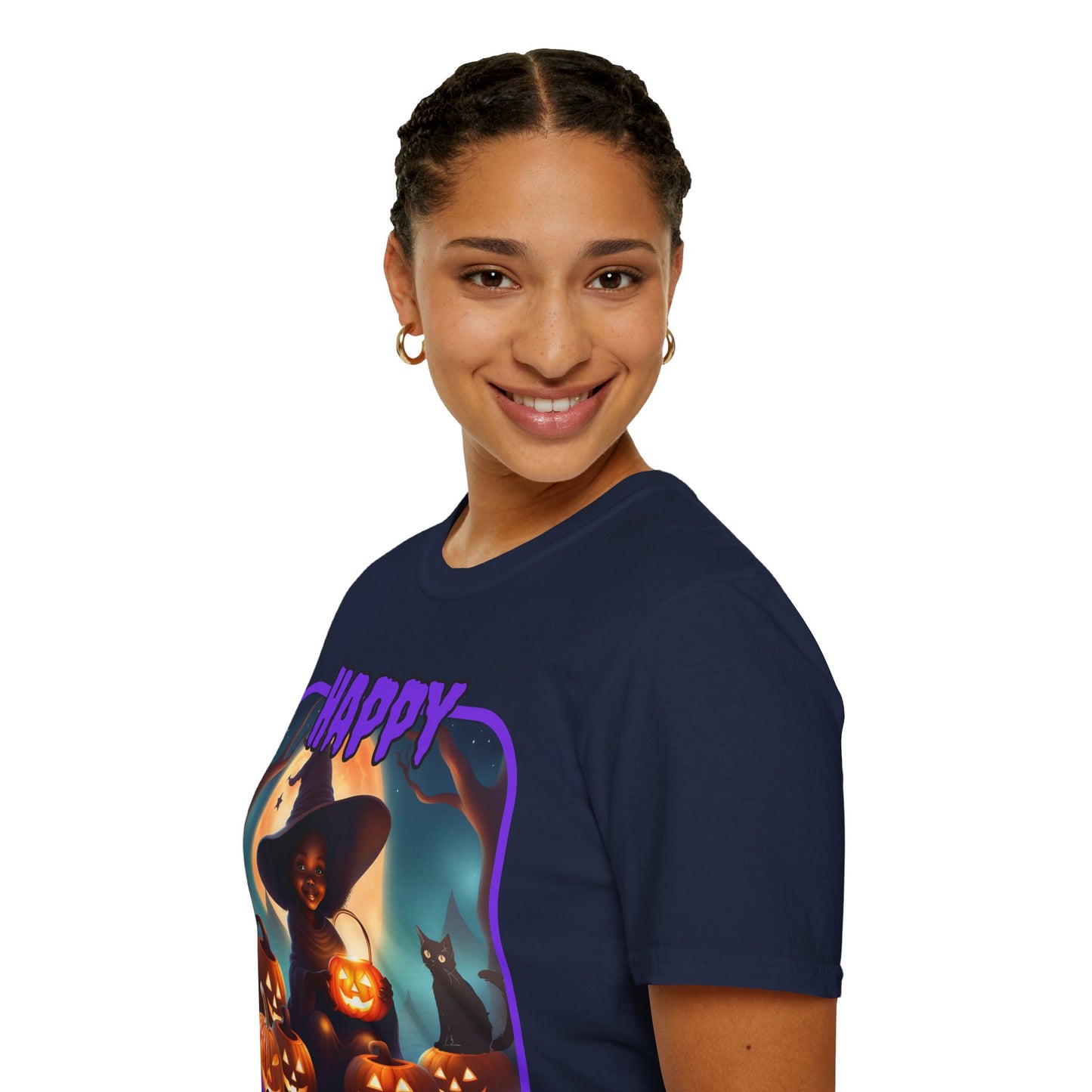 Happy Halloween Cute Witch Purple font Dark colors Unisex T-Shirt by CreepyCrafts.boo