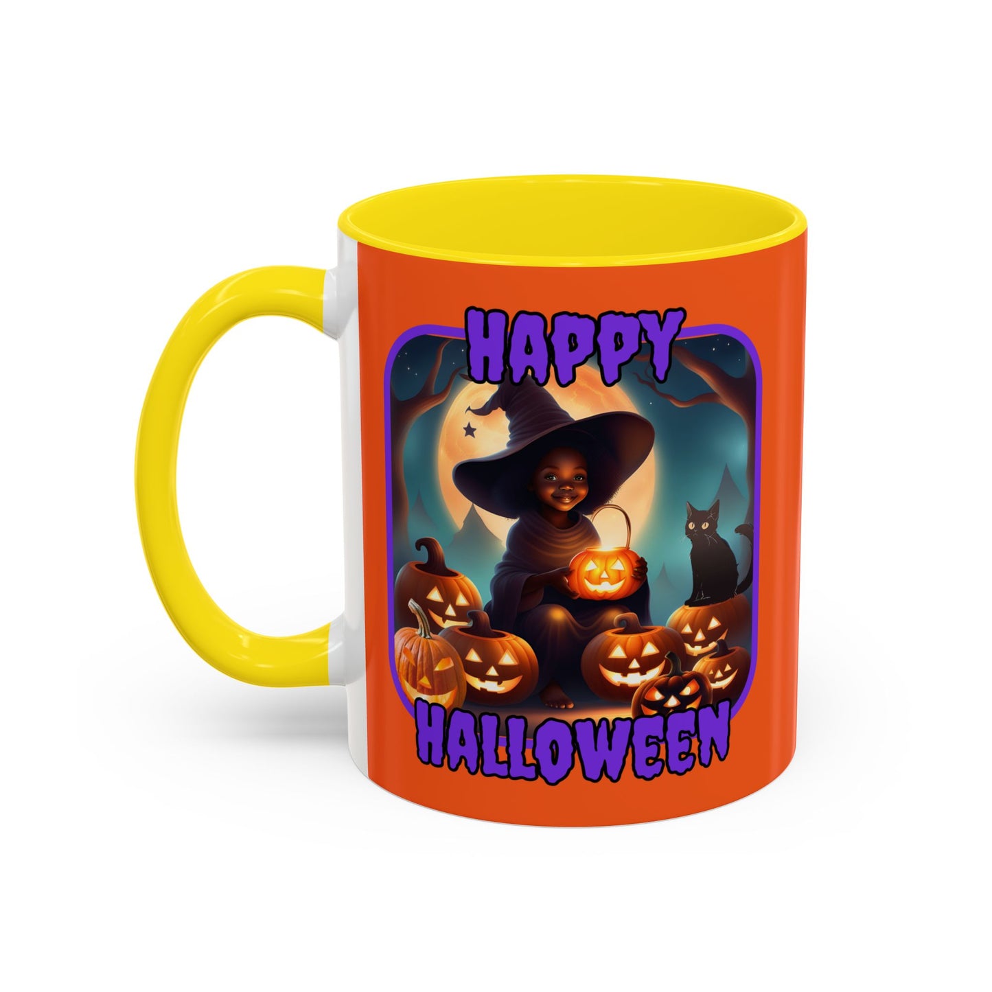 Happy Halloween Cute Witch Purple font Orange Accent Mug by CreepyCrafts.boo