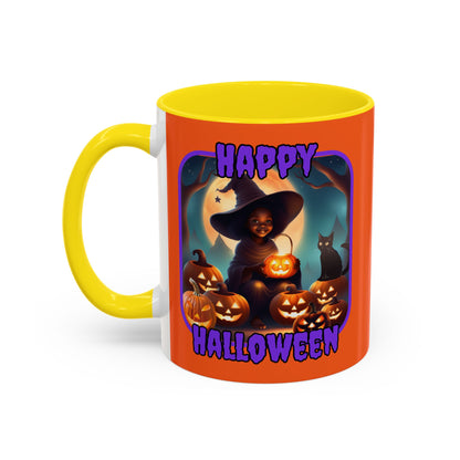 Happy Halloween Cute Witch Purple font Orange Accent Mug by CreepyCrafts.boo