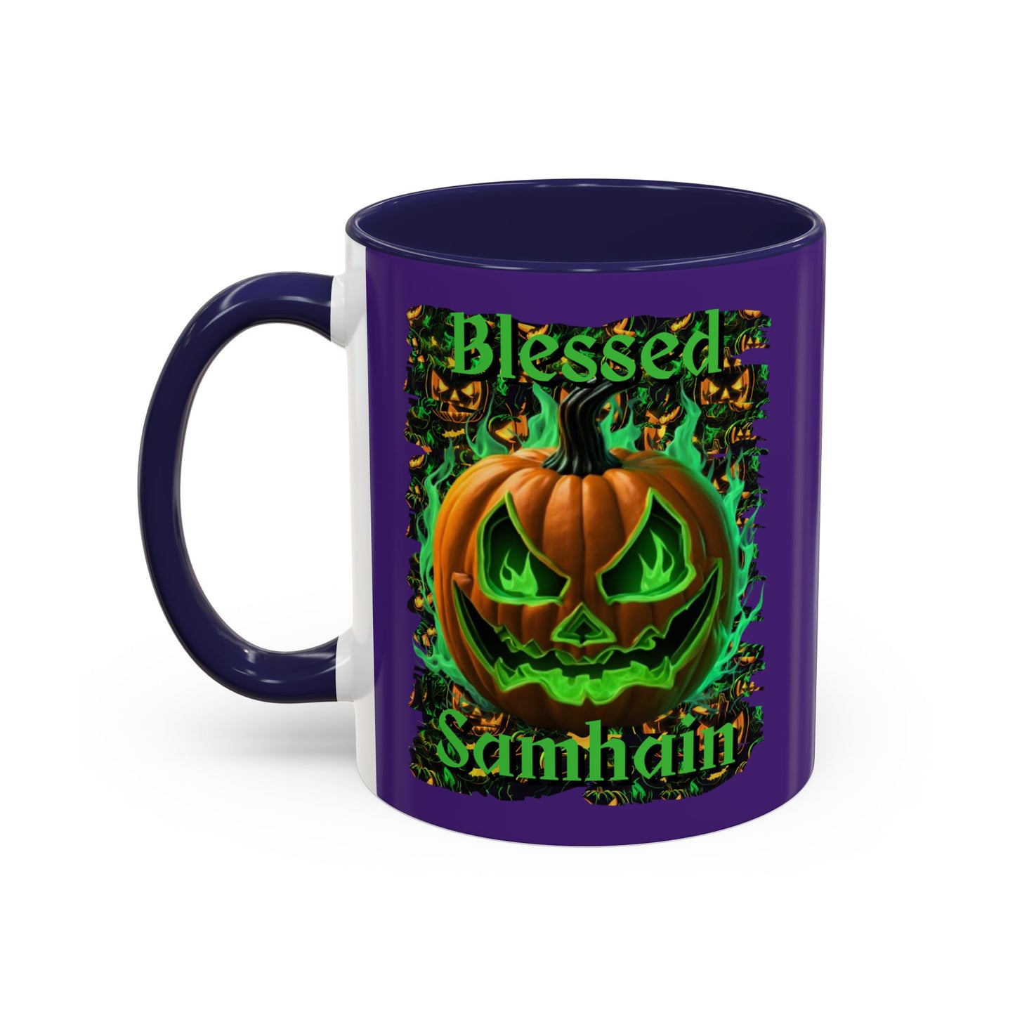 Blessed Samhain Green Jack Purple Accent Mug by CreepyCrafts.boo