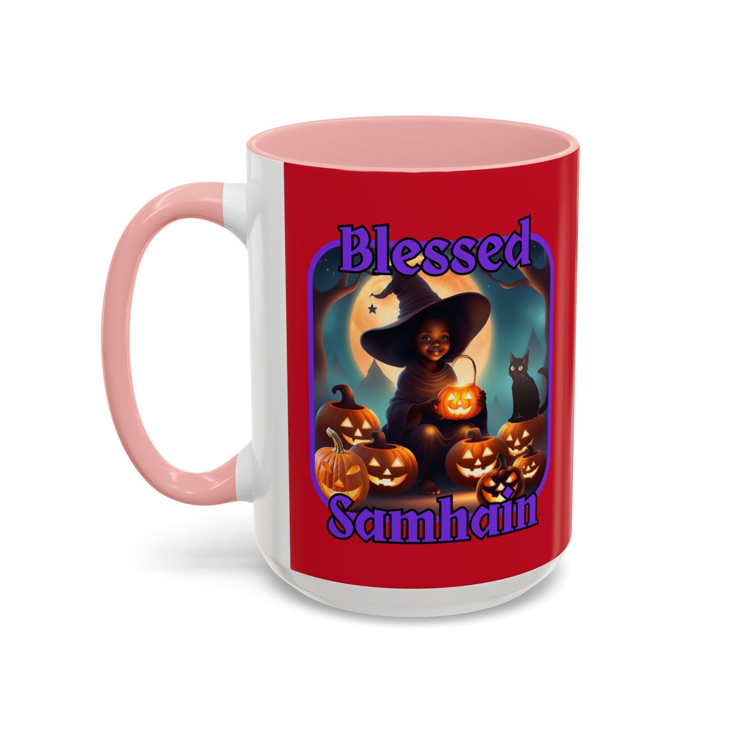 Blessed Samhain Cute Witch Purple font Red Accent Mug by CreepyCrafts.boo