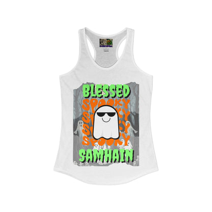 Spooky Blessed Samhain Ghost Green font Women's Racerback Tank Top by CreepyCrafts.boo