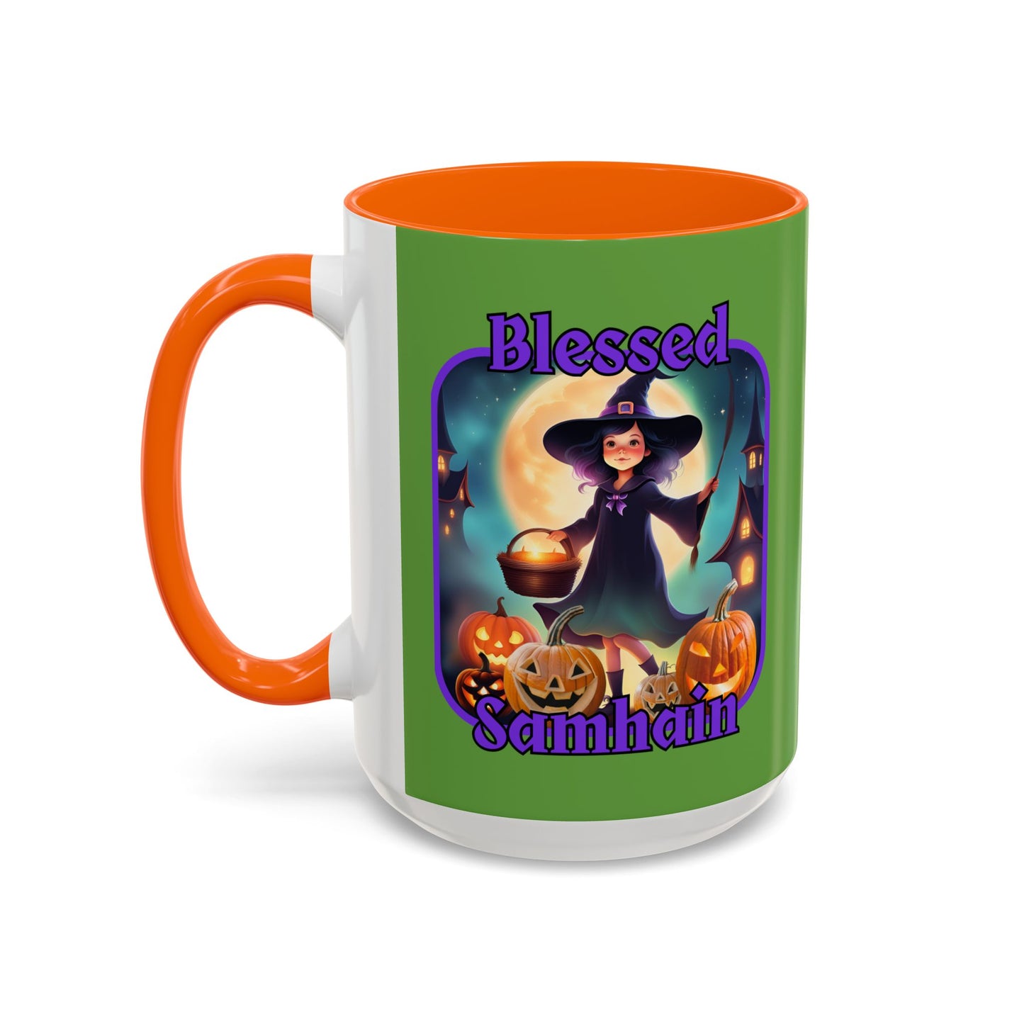 Blessed Samhain Little Witch Purple font Green Accent Mug by CreepyCrafts.boo