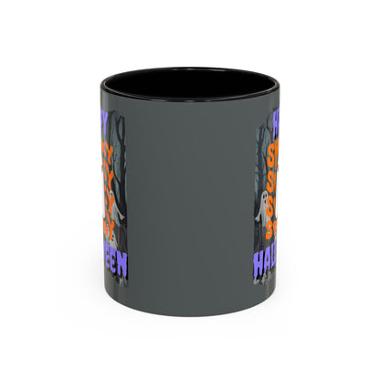 Spooky Happy Halloween Ghost Purple font Grey Accent Mug by CreepyCrafts.boo