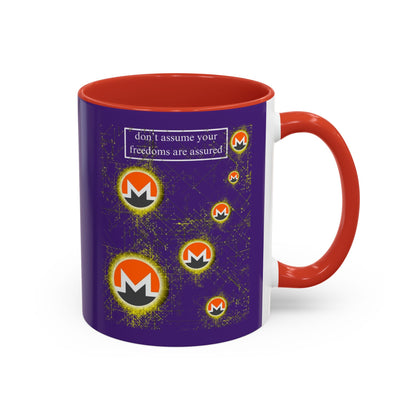 Monero (XMR) don't assume your freedoms are assured Purple Accent Mug by cypherpunkgear.com