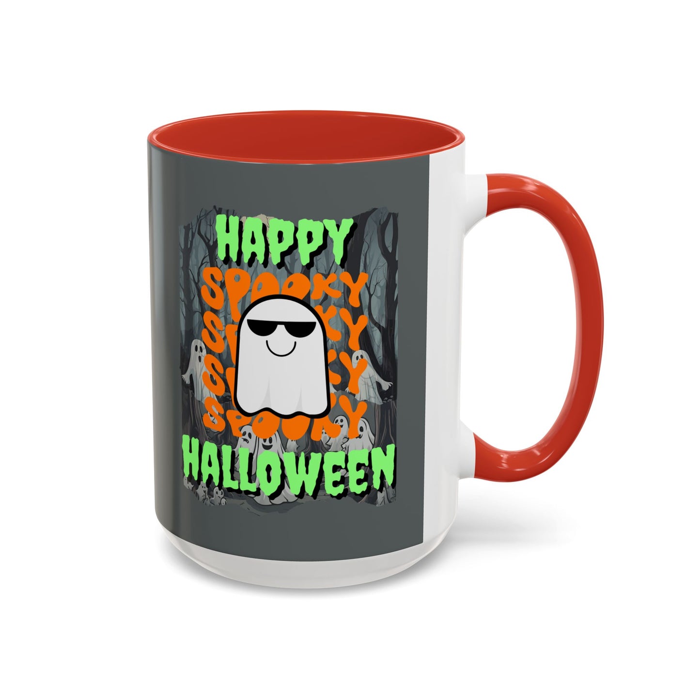 Spooky Happy Halloween Ghost Green font Grey Accent Mug by CreepyCrafts.boo