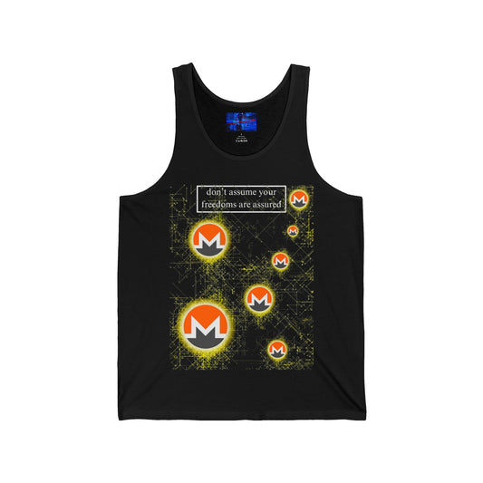 Monero (XMR) don't assume your freedoms are assured Dark colors Unisex Jersey Tank Top by cypherpunkgear.com