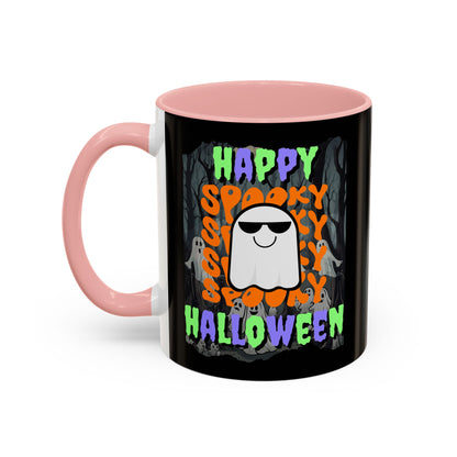 Spooky Happy Halloween Ghost Mixed font Black Accent Mug by CreepyCrafts.boo