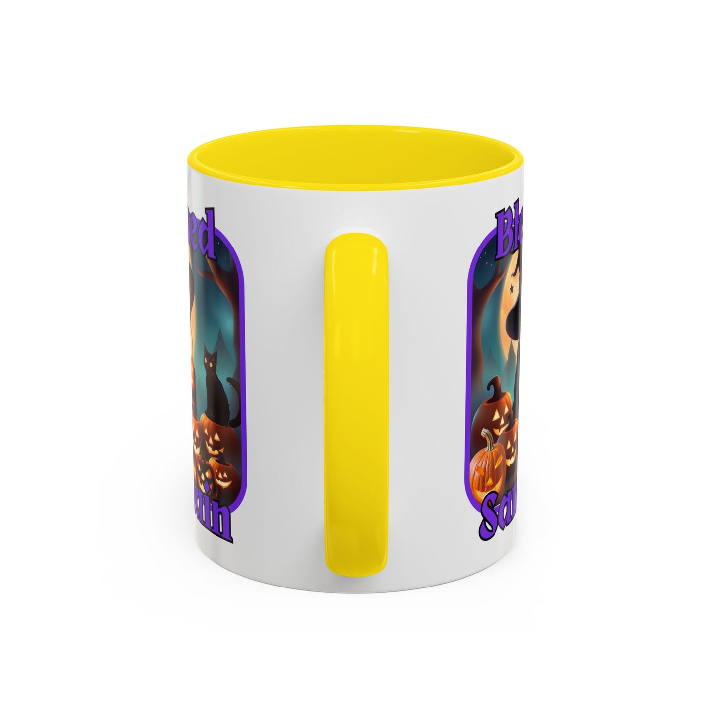 Blessed Samhain Cute Witch Purple font White Accent Mug by CreepyCrafts.boo