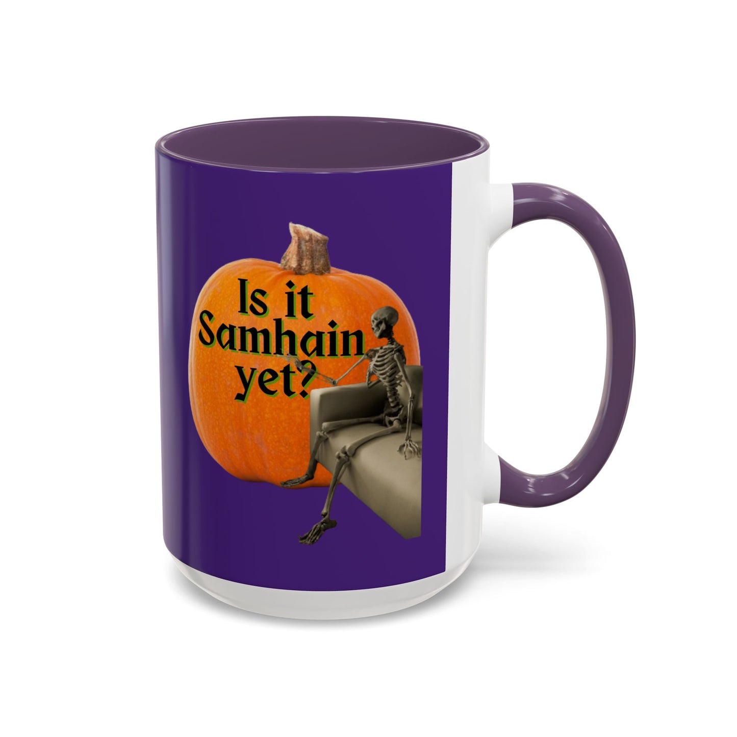 Is It Samhain Yet? Skeleton's Giant Pumpkin Purple Accent Mug by CreepyCrafts.boo