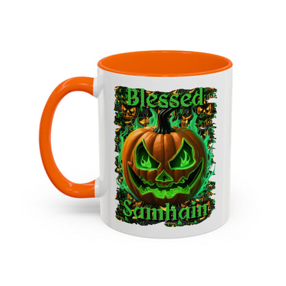 Blessed Samhain Green Jack White Accent Mug by CreepyCrafts.boo