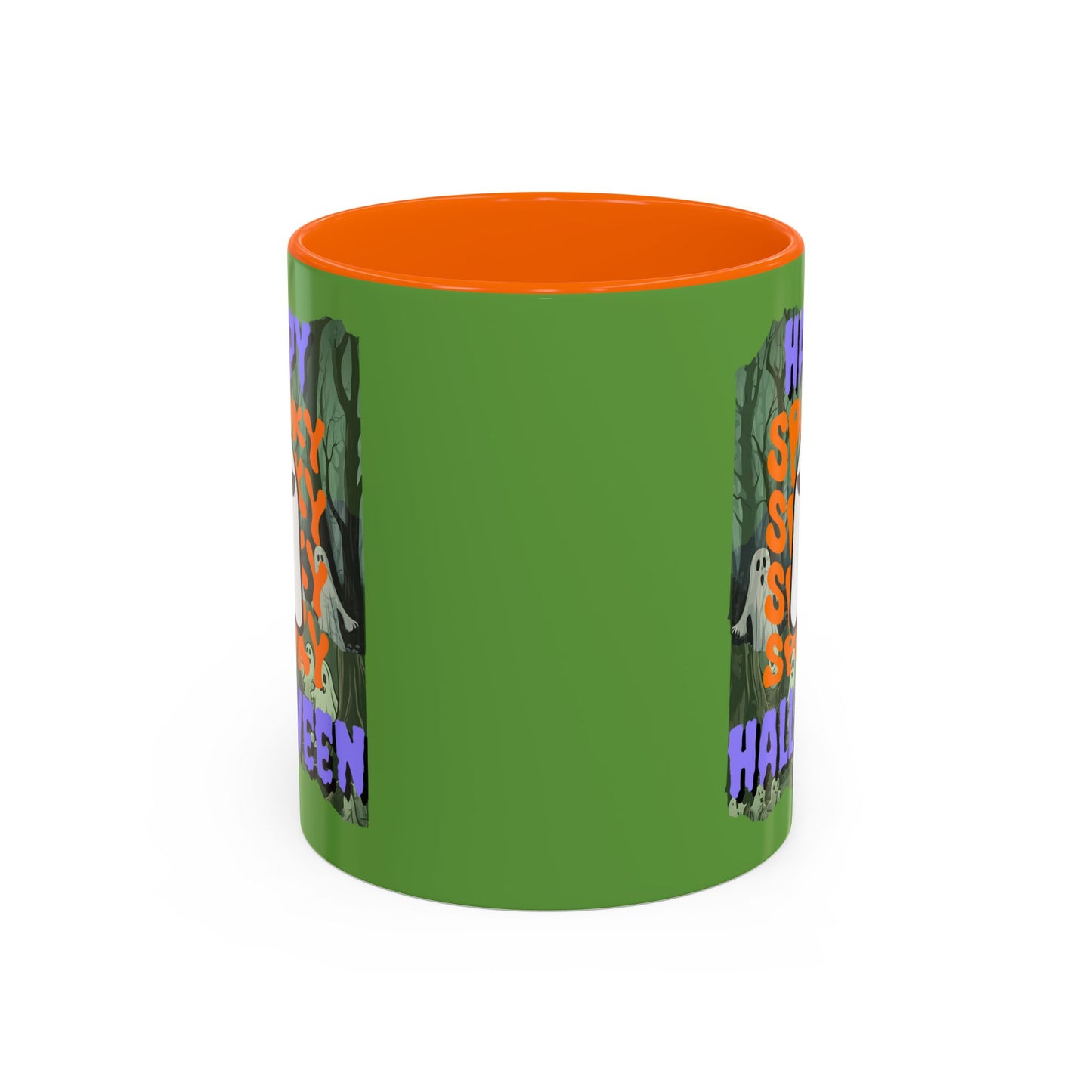 Spooky Happy Halloween Ghost Purple font Green Accent Mug by CreepyCrafts.boo