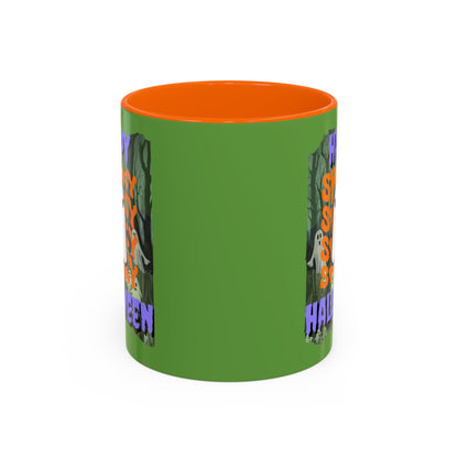 Spooky Happy Halloween Ghost Purple font Green Accent Mug by CreepyCrafts.boo