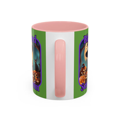 Blessed Samhain Cute Witch Purple font Green Accent Mug by CreepyCrafts.boo
