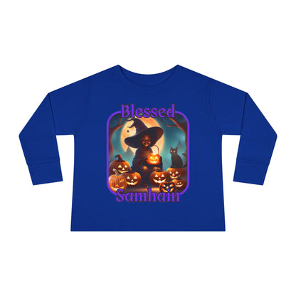 Blessed Samhain Cute Witch Purple font Toddler Long Sleeve Tee by CreepyCrafts.boo