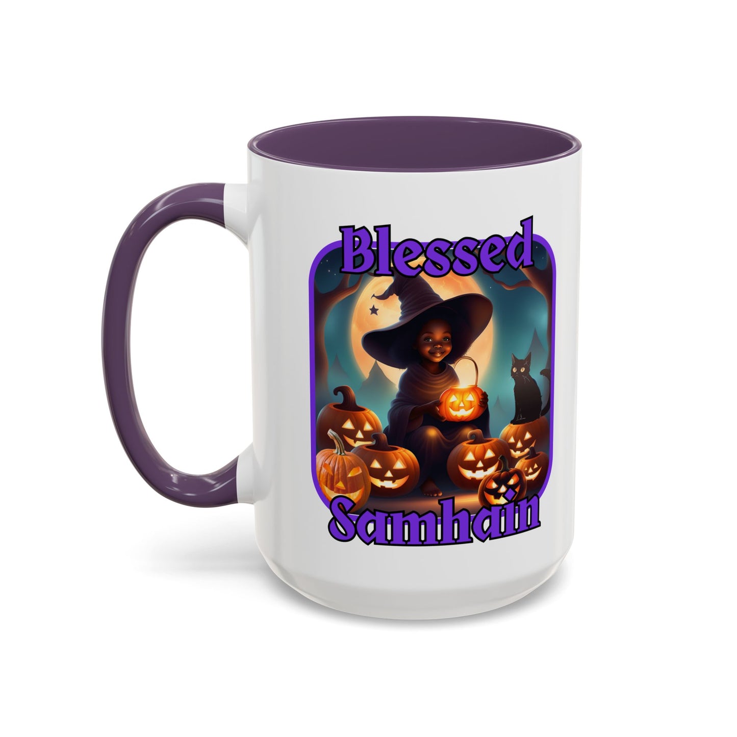Blessed Samhain Cute Witch Purple font White Accent Mug by CreepyCrafts.boo