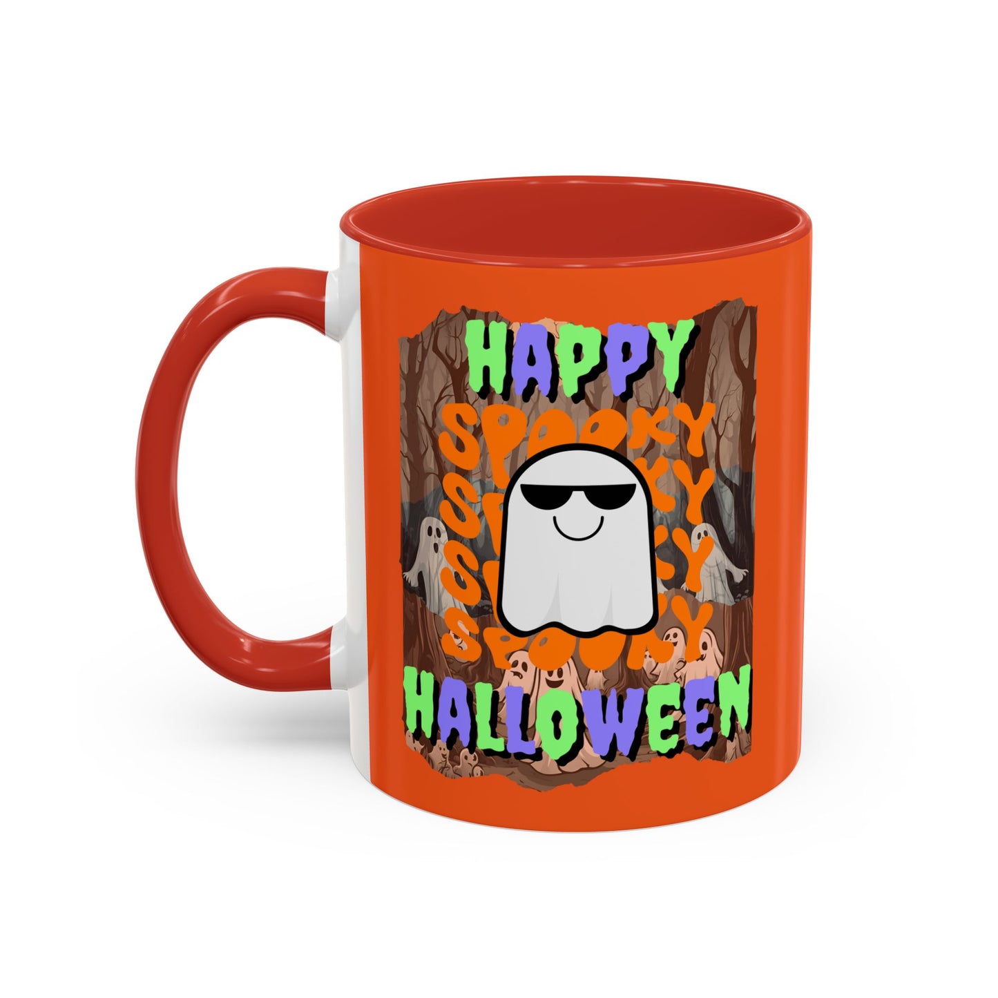Spooky Happy Halloween Ghost Mixed font Orange Accent Mug by CreepyCrafts.boo