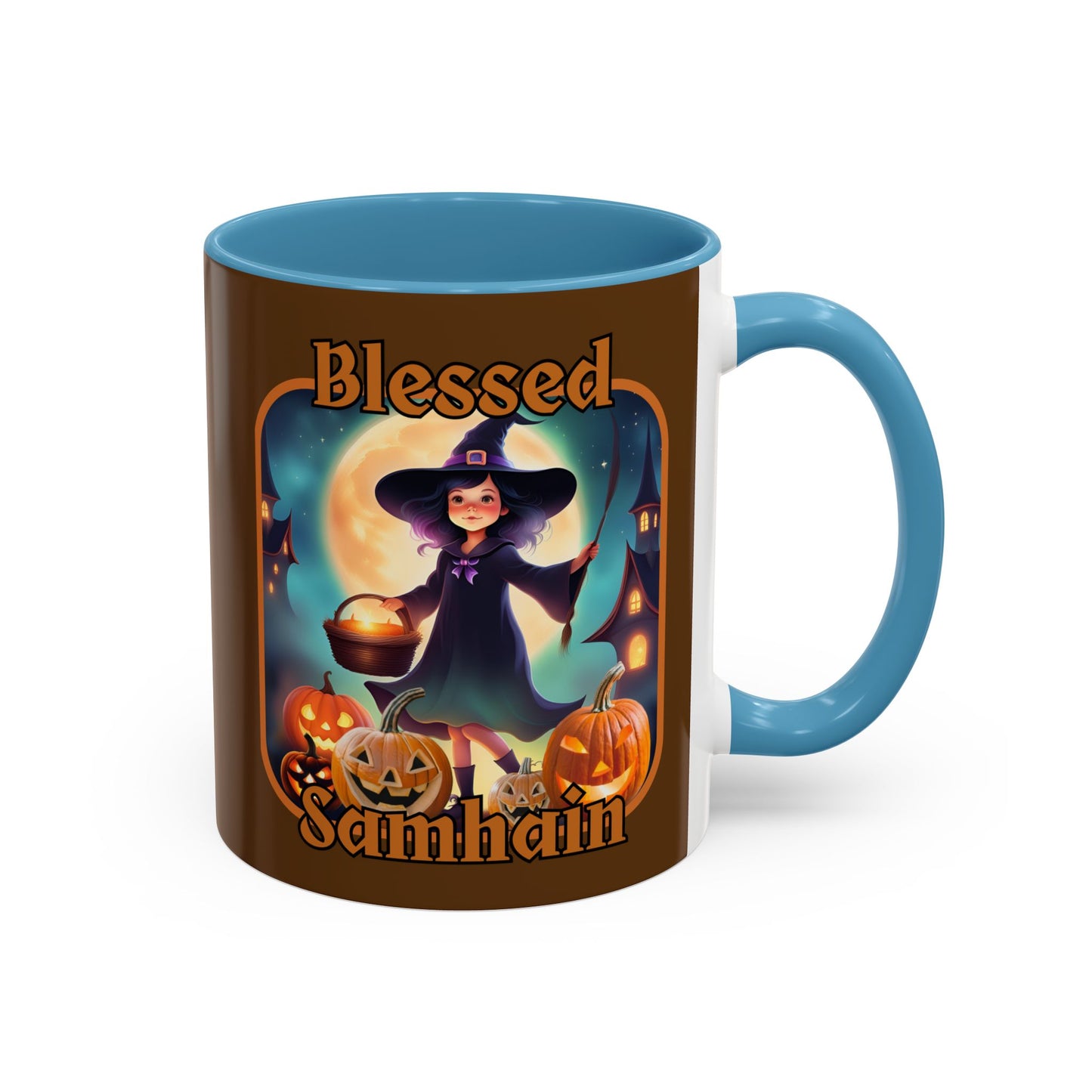 Blessed Samhain Little Witch Orange font Brown Accent Mug by CreepyCrafts.boo