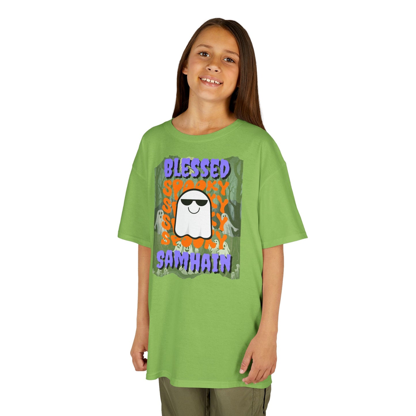Spooky Blessed Samhain Ghost Purple font Kids Heavy Cotton™ Tee by CreepyCrafts.boo