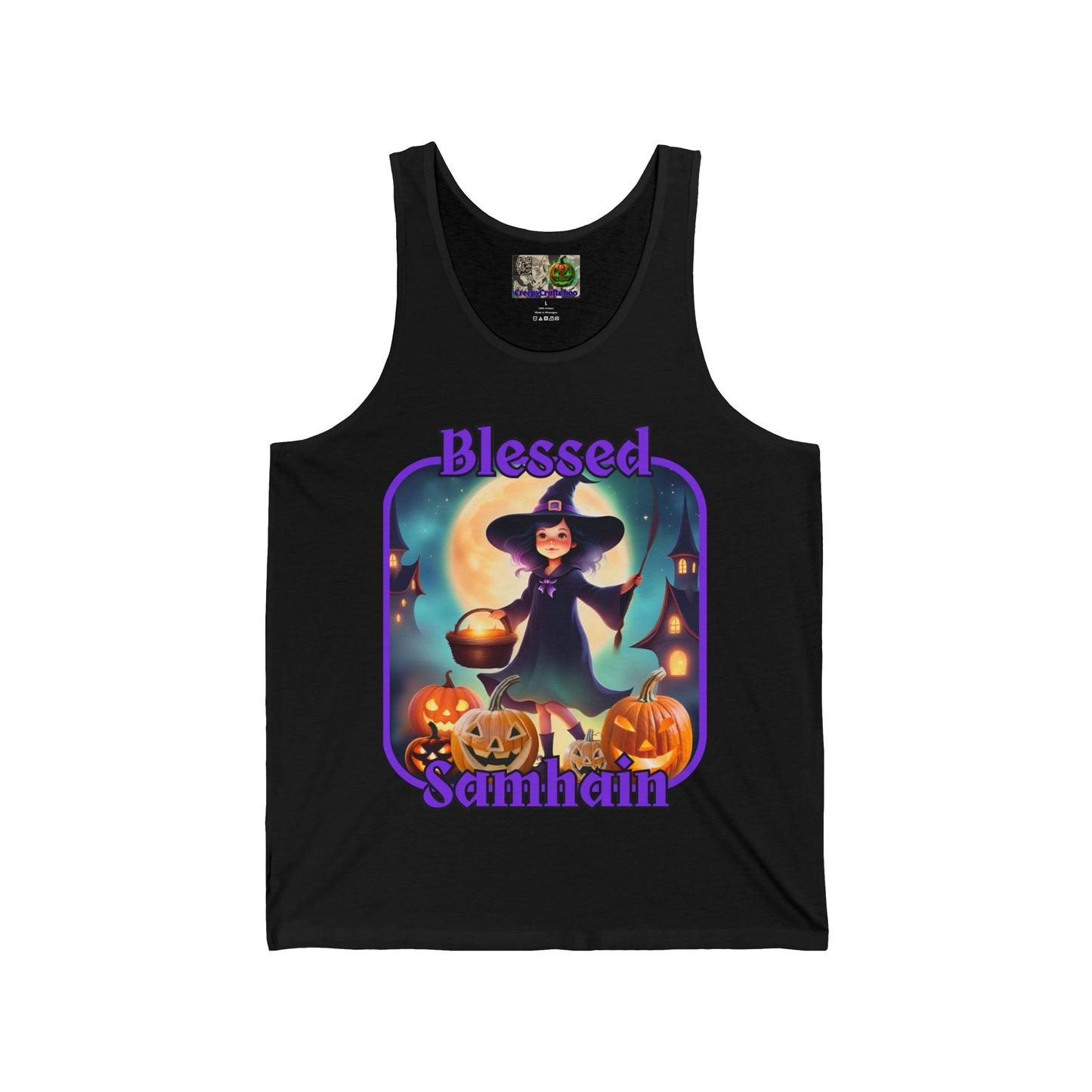 Blessed Samhain Little Witch Purple font Unisex Jersey Tank Top by CreepyCrafts.boo
