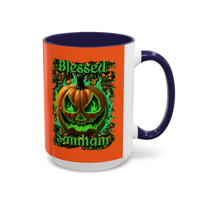Blessed Samhain Green Jack Orange Accent Mug by CreepyCrafts.boo