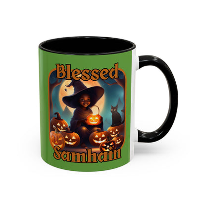 Blessed Samhain Cute Witch Orange font Green Accent Mug by CreepyCrafts.boo