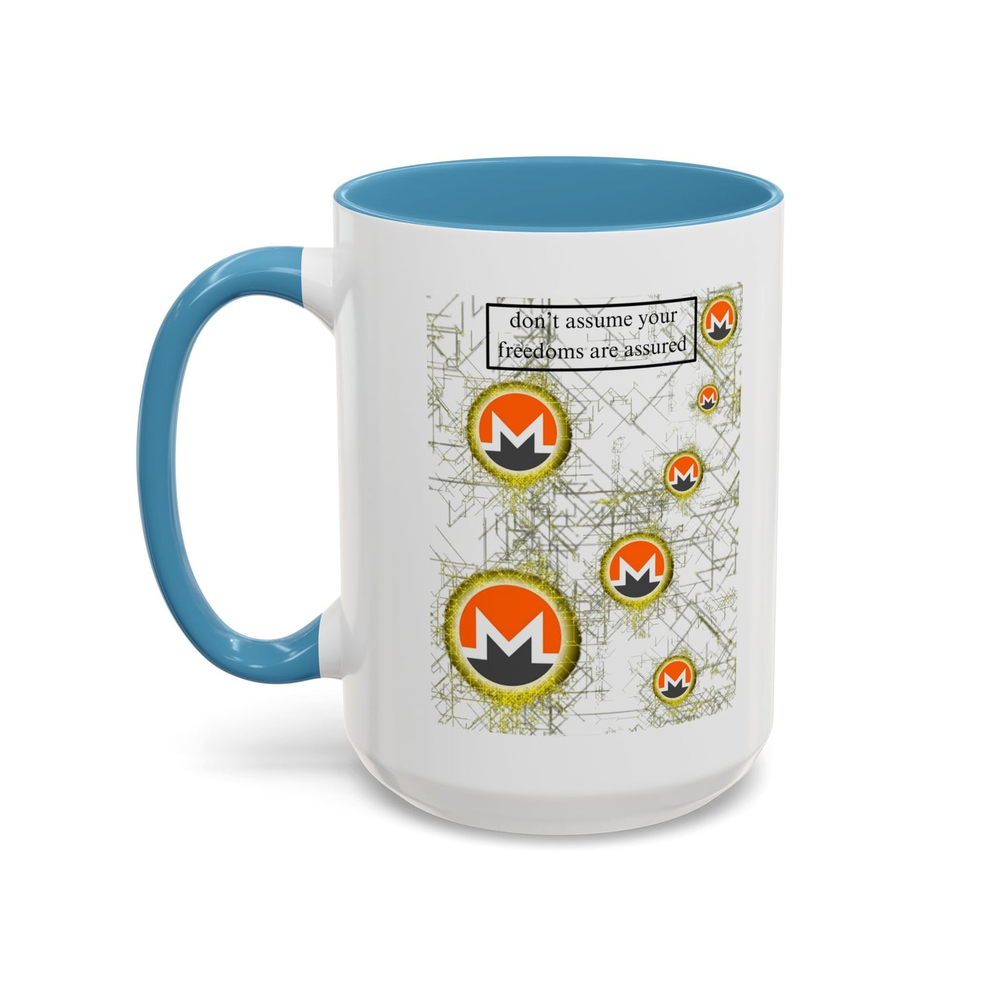 Monero (XMR) don't assume your freedoms are assured White Accent Mug by cypherpunkgear.com