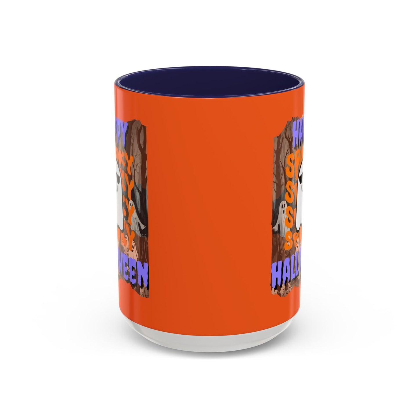 Spooky Happy Halloween Ghost Purple font Orange Accent Mug by CreepyCrafts.boo