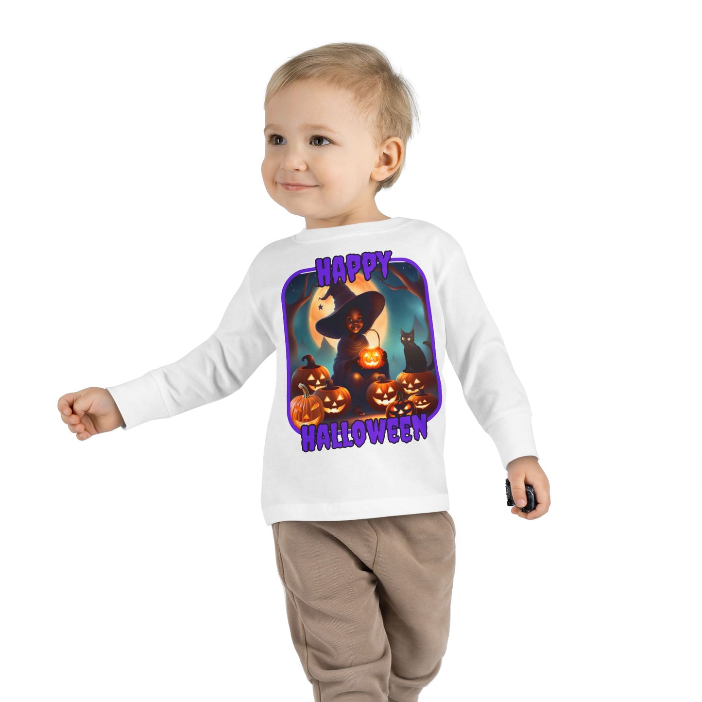 Happy Halloween Cute Witch Purple font Toddler Long Sleeve Tee by CreepyCrafts.boo